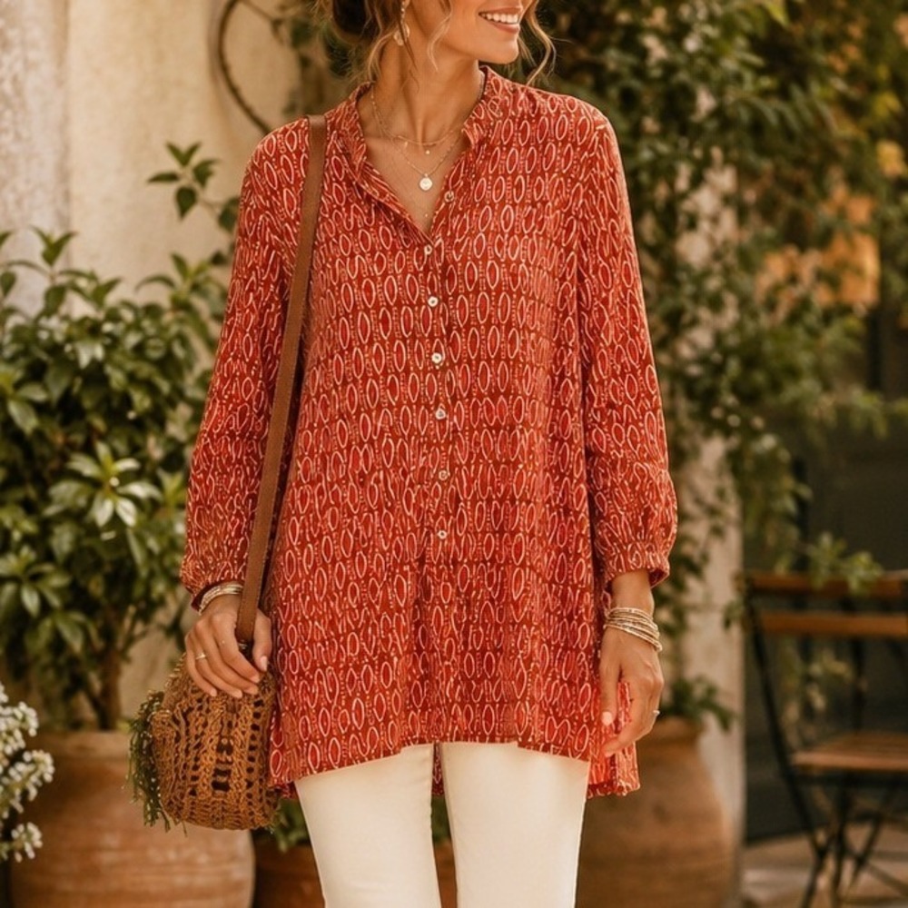 Flower Paper Rock Orange Boho Print Button Front Tunic Top Made in India‎ Artsy
